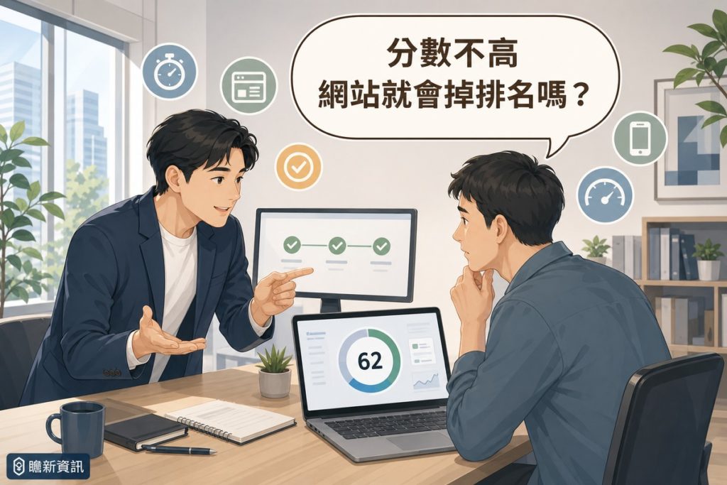 插畫:顧問向中小企業主說明 PageSpeed 分數 62 分的報告,讀者提問氣泡寫著分數不高網站就會掉排名嗎