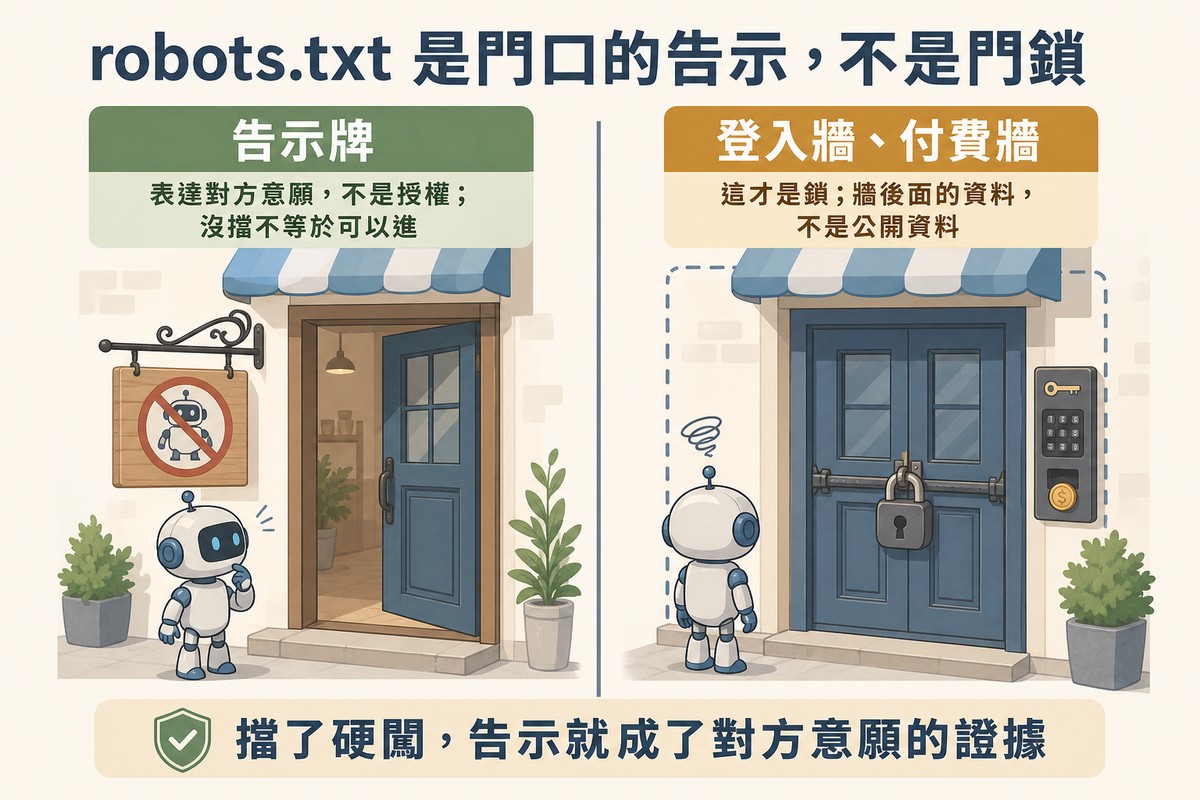 左邊是門沒鎖但掛著禁止機器人告示牌的店門與一個猶豫的小機器人,右邊是上了鎖並有密碼鍵盤與投幣孔的店門,機器人進不去