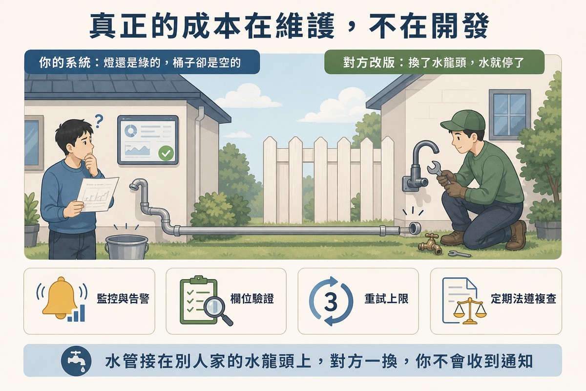 左邊房子的儀表板亮著綠燈但水桶是空的,水管接到右邊鄰居正在更換的水龍頭而斷水;下方四個圖示:監控與告警、欄位驗證、重試上限、定期法遵複查