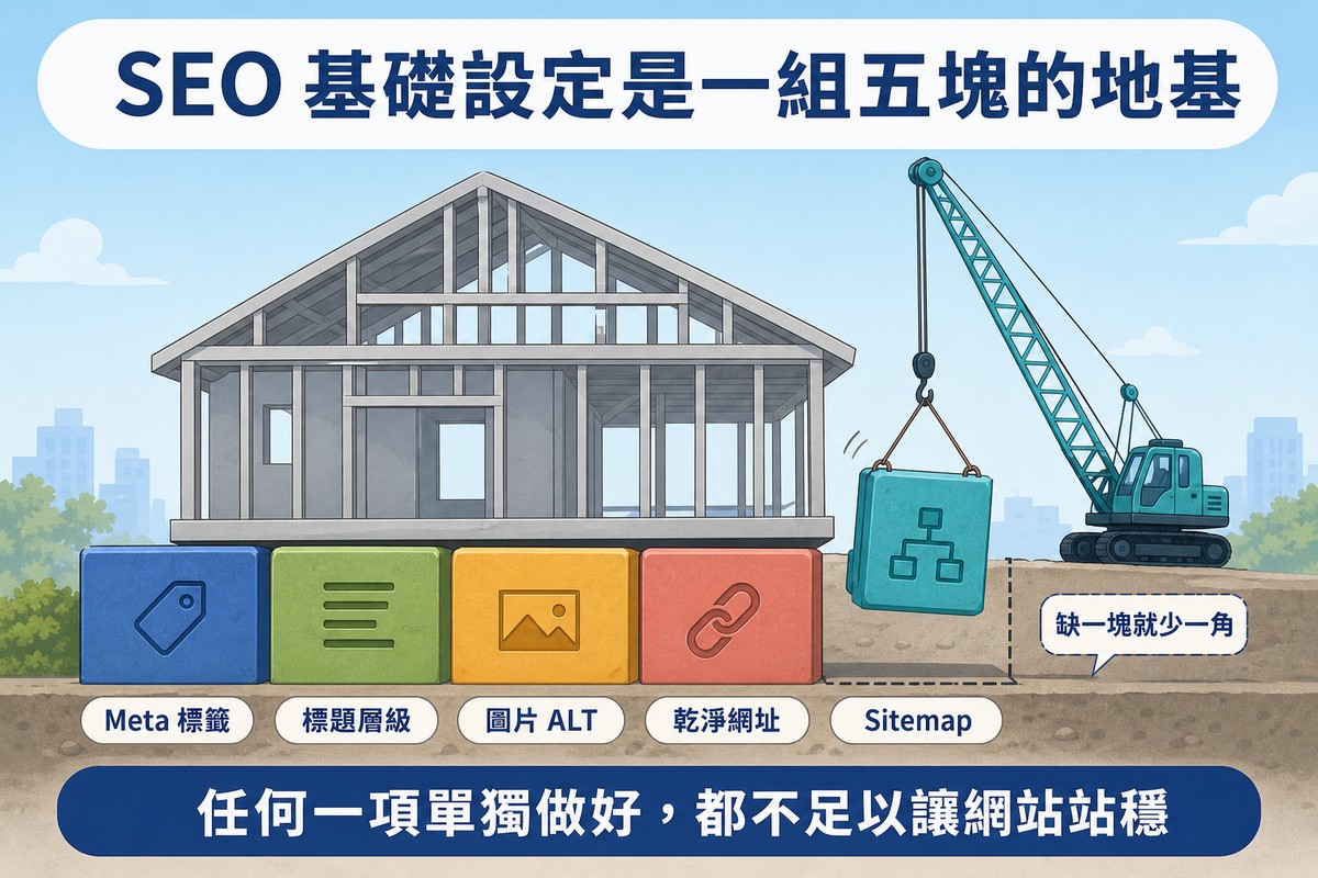 地基插圖：房屋骨架下方有五塊不同顏色的地基磚，分別是Meta標籤、標題層級、圖片ALT、乾淨網址、Sitemap，最後一塊正由吊車放下，旁邊虛線空缺標示缺一塊就少一角