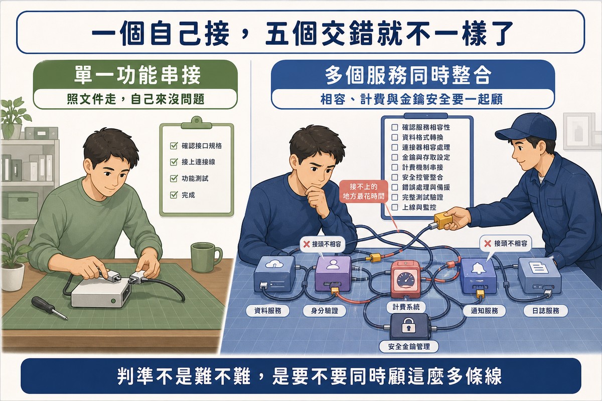 左右對照插圖:左邊一人接單一元件且短清單全部打勾,右邊五個服務元件交錯連線有兩處接頭不相容打叉且長清單多數未勾,另一人拿轉接頭來協助