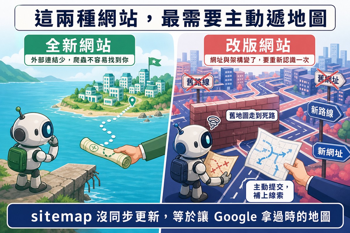 左右對照插圖：左邊爬蟲機器人站在對岸看著沒有橋的新島並被遞上地圖，右邊機器人拿舊地圖在改建後的城市撞上死路磚牆並被遞上新地圖
