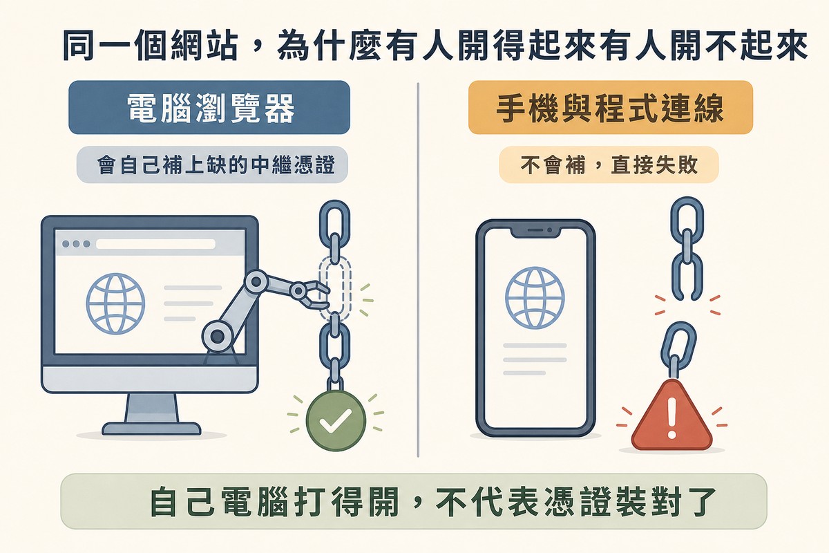 左邊電腦螢幕伸出機械手臂補上斷掉的鏈條中間一節並顯示綠色勾勾,右邊手機旁的鏈條斷開並顯示紅色警告