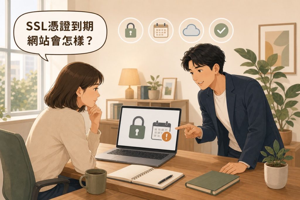 網站負責人看著筆電上的SSL憑證到期提示，同事在旁邊指著螢幕說明