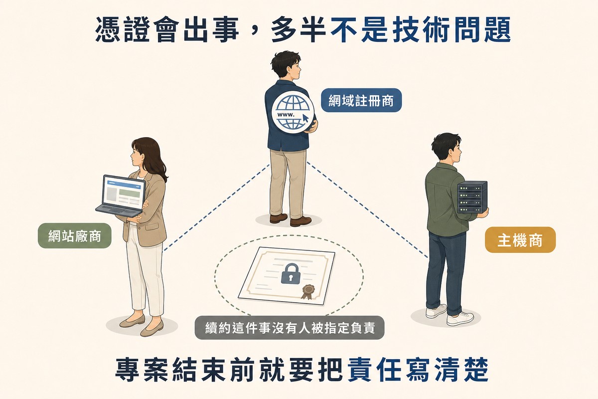 三個人分別拿著網域、主機、網站的識別物站成三角形並背對中間,中間地上躺著一張沒人撿的憑證文件