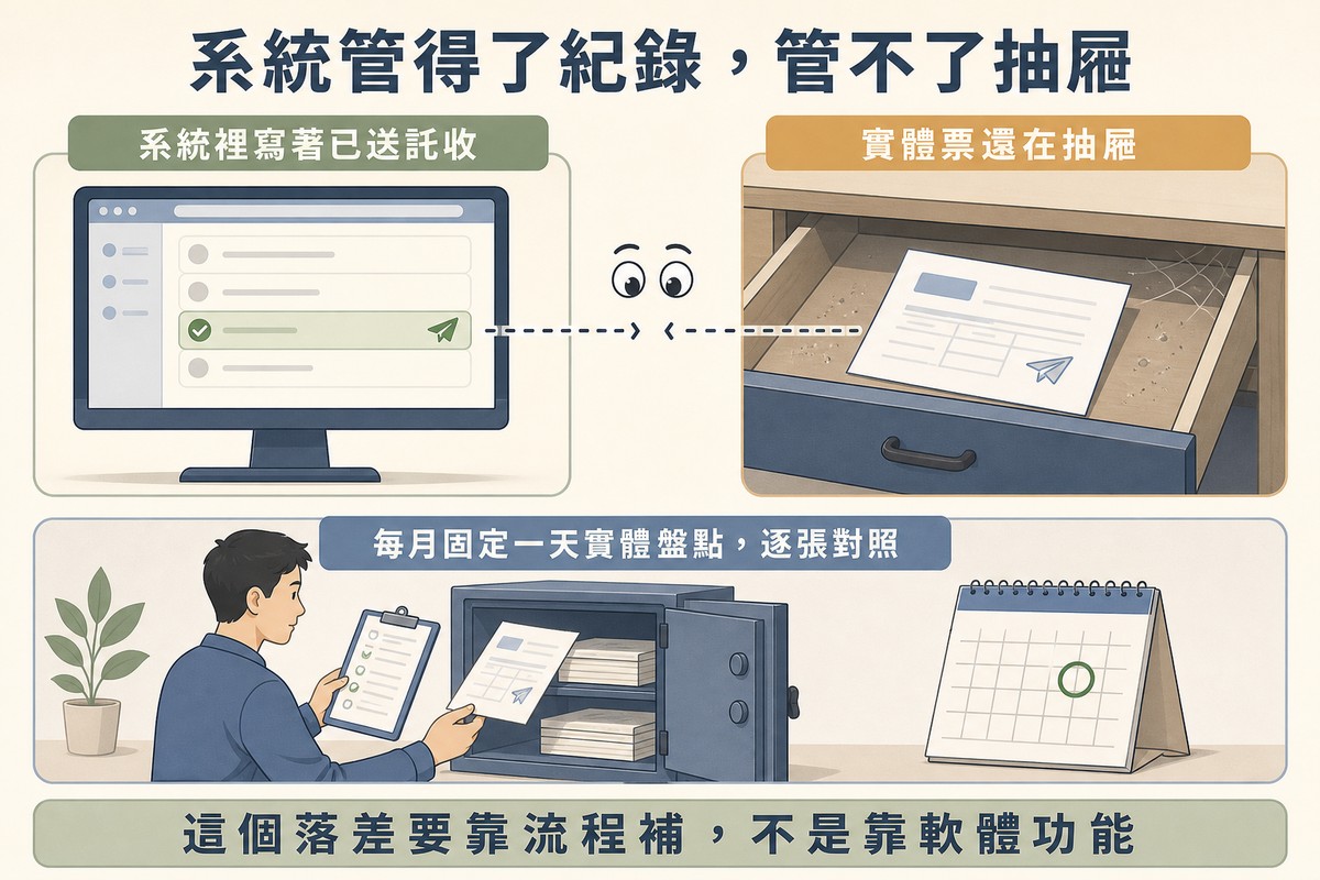 左邊螢幕清單上某列標示已送出,右邊抽屜裡同一張實體票據仍原封不動,兩者之間的虛線中斷;下方另一格畫出有人拿著清單在保險箱前逐張盤點
