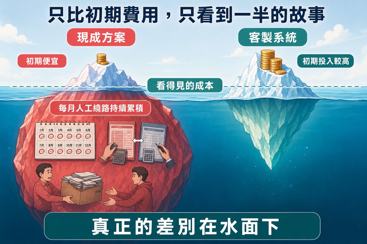 雙冰山插圖:左邊現成方案水面上只有少量金幣、水面下是巨大紅色區塊裝著每月重複人工與交接混亂;右邊客製系統水面上金幣較多、水面下很小
