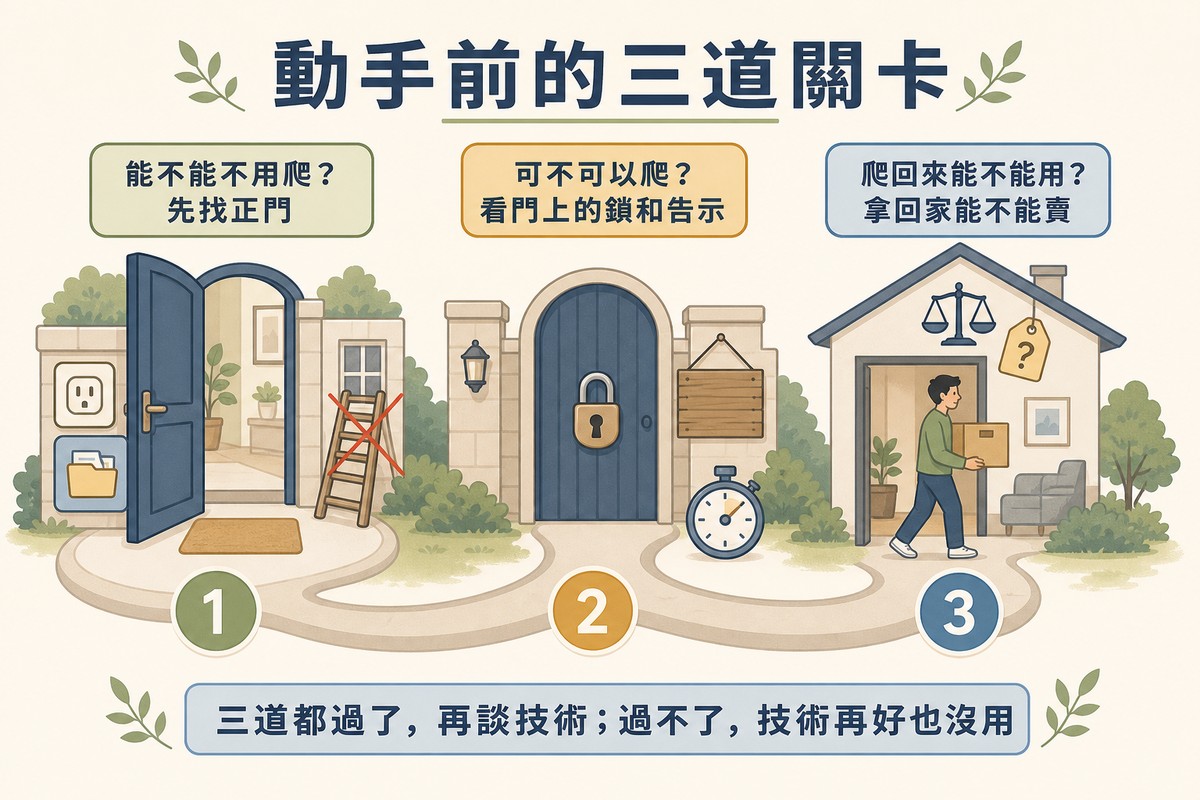 一條路依序通過三道關卡:敞開的正門旁有 API 與開放資料的箱子、掛著鎖與告示牌的門、最後是一個人把箱子搬進家裡並有天平與價格標籤