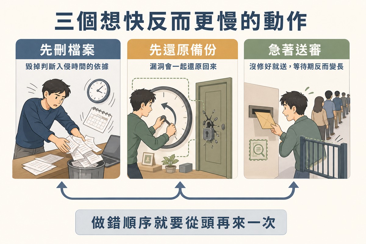三格圖分別畫出把紙張掃進垃圾桶、把時鐘往回轉導致壞鎖一起回來、以及把信投入審查信箱後隊伍變長，每格都有箭頭繞回起點