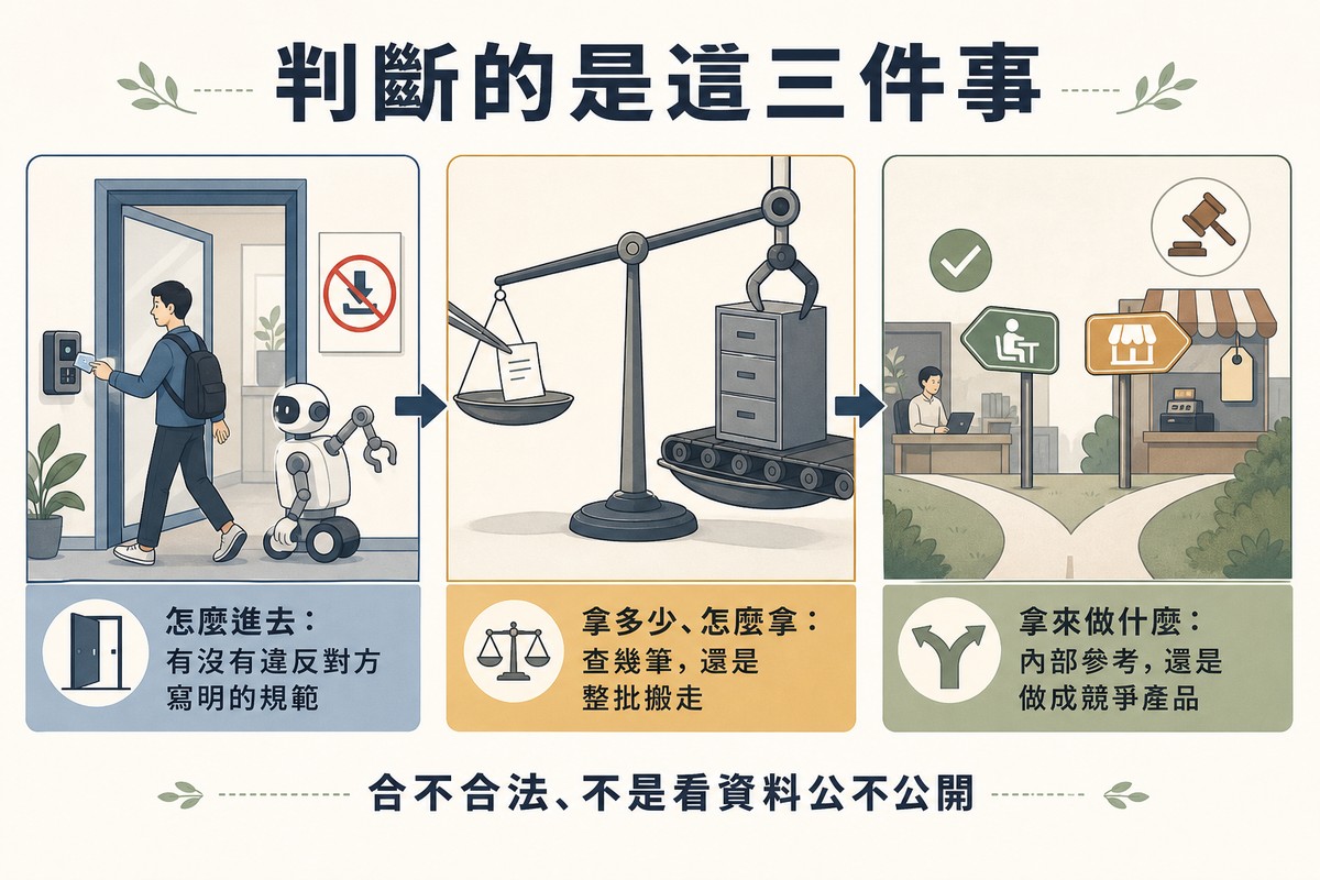 三格對照:刷卡進門旁貼著禁止自動下載的告示、天平一邊是一張紙一邊是整櫃檔案被吊走、岔路分別通往內部辦公桌與掛著價格標的店面