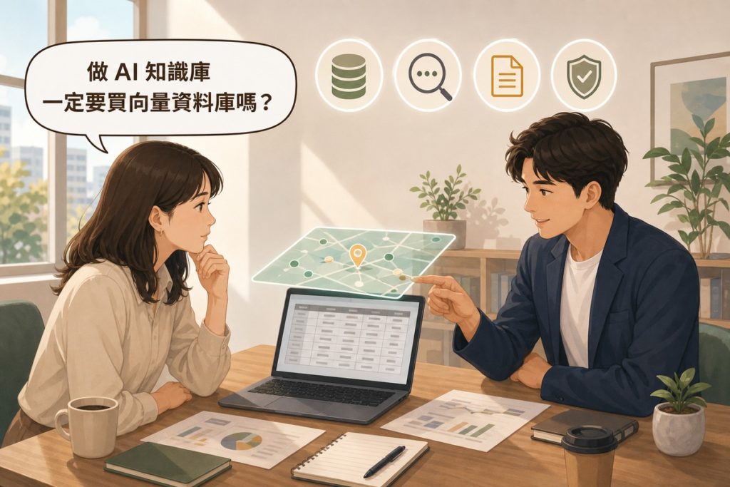 兩位中小企業人員看著筆電上的資料庫表格，上方浮著一層透明的地圖與座標點，提問「做 AI 知識庫一定要買向量資料庫嗎？」