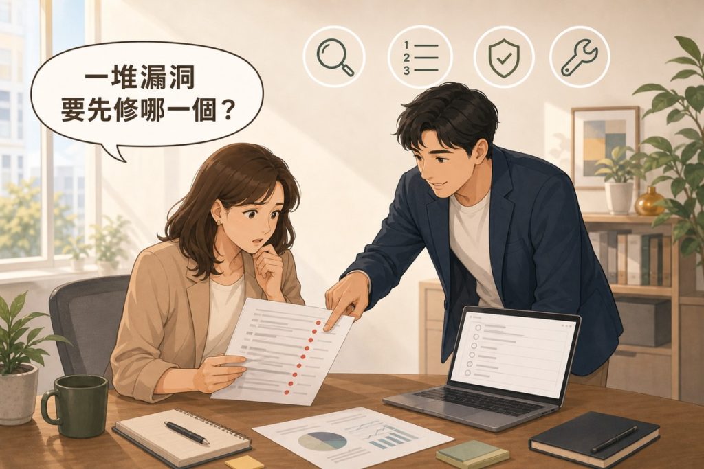 業主拿著滿是紅點標記的弱點掃描報告面露為難，同事伸手指著其中一行示意先從這個開始