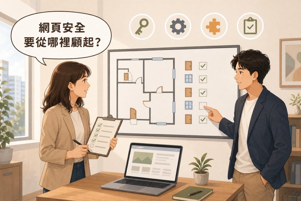 兩位同事在辦公室白板前對照建築平面圖的門窗檢查清單，一人持夾板勾選、一人指著尚未打勾的項目