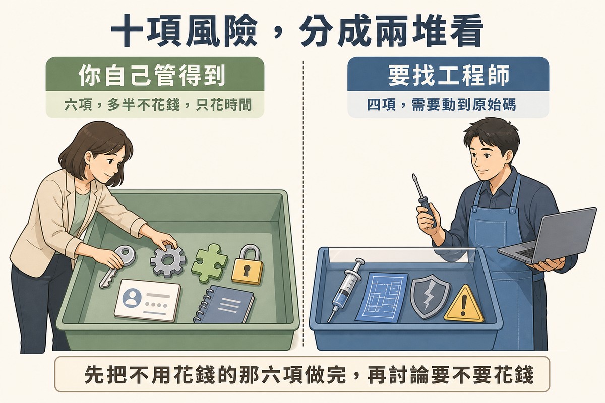 左邊綠色箱子裡放著六個代表自己管得到的項目由一般上班族整理,右邊藍色箱子裡放著四個需要技術處理的項目由工程師負責