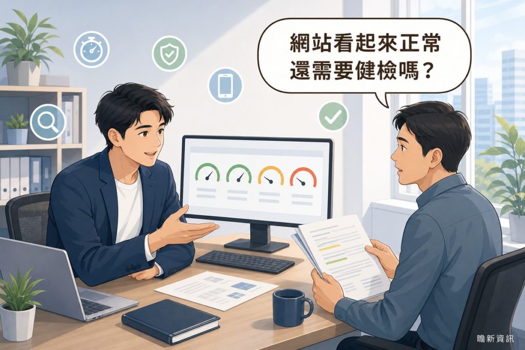 插畫：顧問指著螢幕上四個健檢儀表其中兩個偏低，業主手持標註重點的健檢報告發問，讀者提問氣泡寫著網站看起來正常還需要健檢嗎
