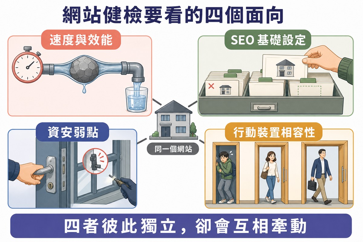四區插圖環繞中央的網站：水管被大石塊卡住滴水配碼表、房子卡片被歸入索引櫃且有一張錯放一格空缺、門把與窗閂被測試並標出鬆脫處、三個不同寬度的門讓三個人通過其中一個擠得勉強