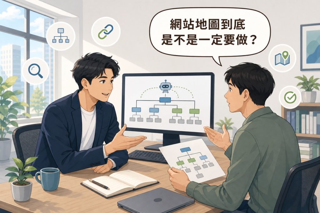 插畫：顧問指著螢幕上的網站頁面樹狀結構與爬蟲圖示，業主拿著印出的架構圖發問，讀者提問氣泡寫著網站地圖到底是不是一定要做