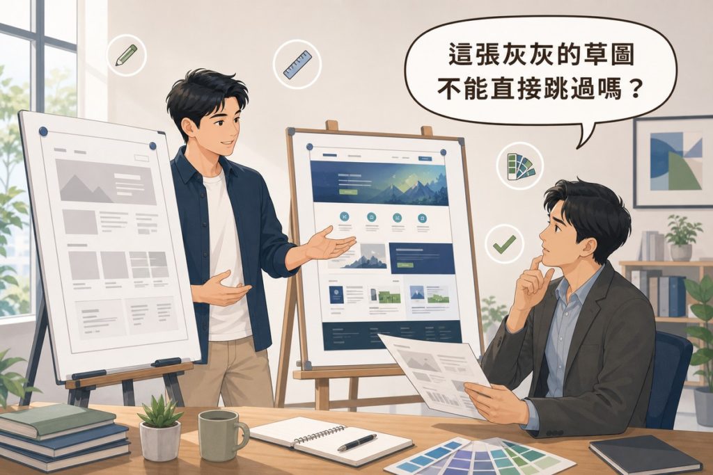 插畫：設計師站在灰階線框圖板旁講解，後方另一塊板是同一版面的彩色完稿，業主拿著印出的線框圖思考，讀者提問氣泡寫著這張灰灰的草圖不能直接跳過嗎