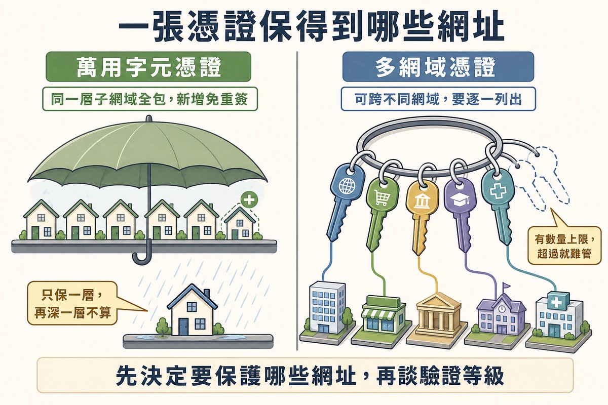 左邊一把傘罩住同一排房子代表萬用字元憑證,下層淋雨的房子代表只保一層;右邊鑰匙圈對應不同建築代表多網域憑證