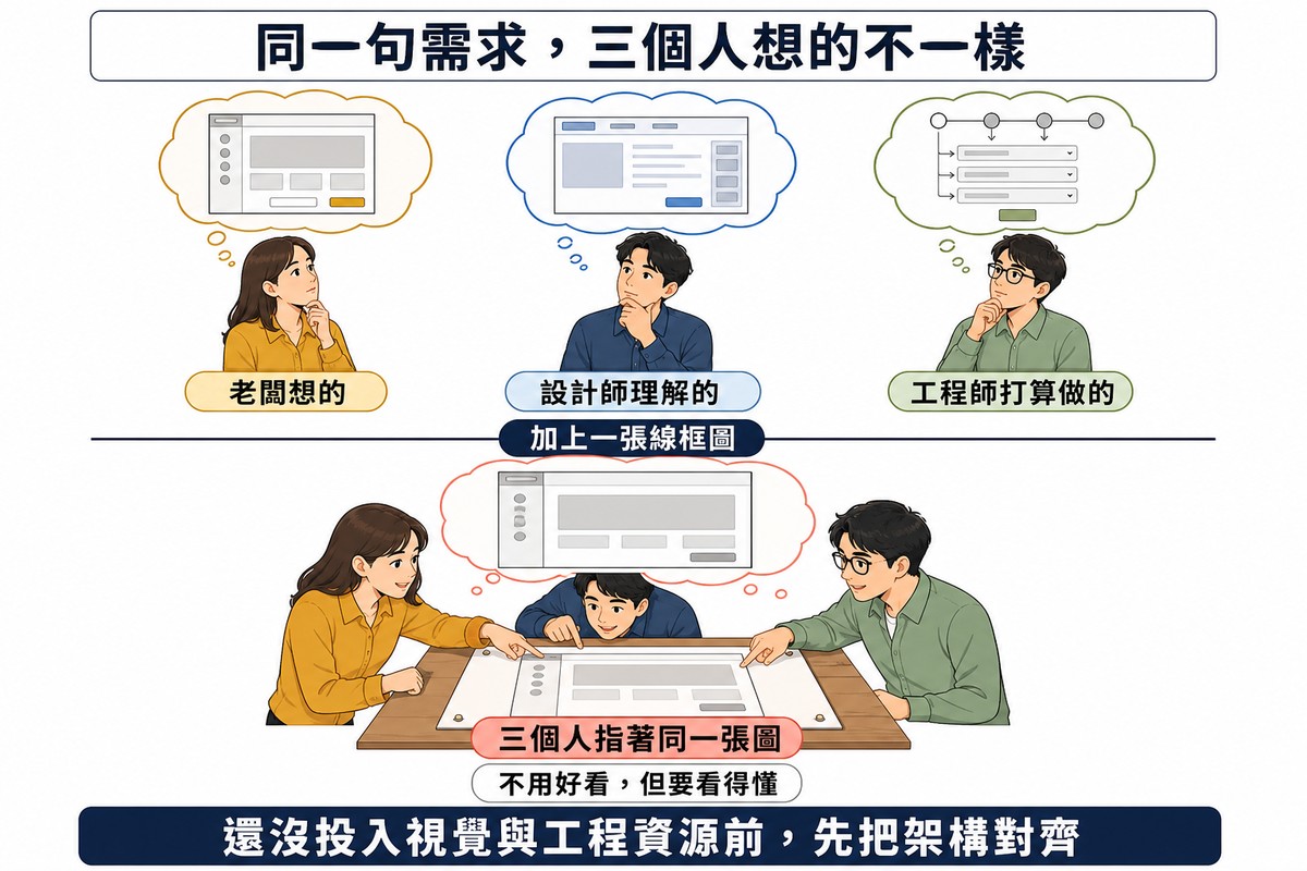 上下兩排插圖:上排老闆設計師工程師三人各有不同版面的思考泡,下排三人圍著同一張灰階線框圖都指著它並共享一個思考泡