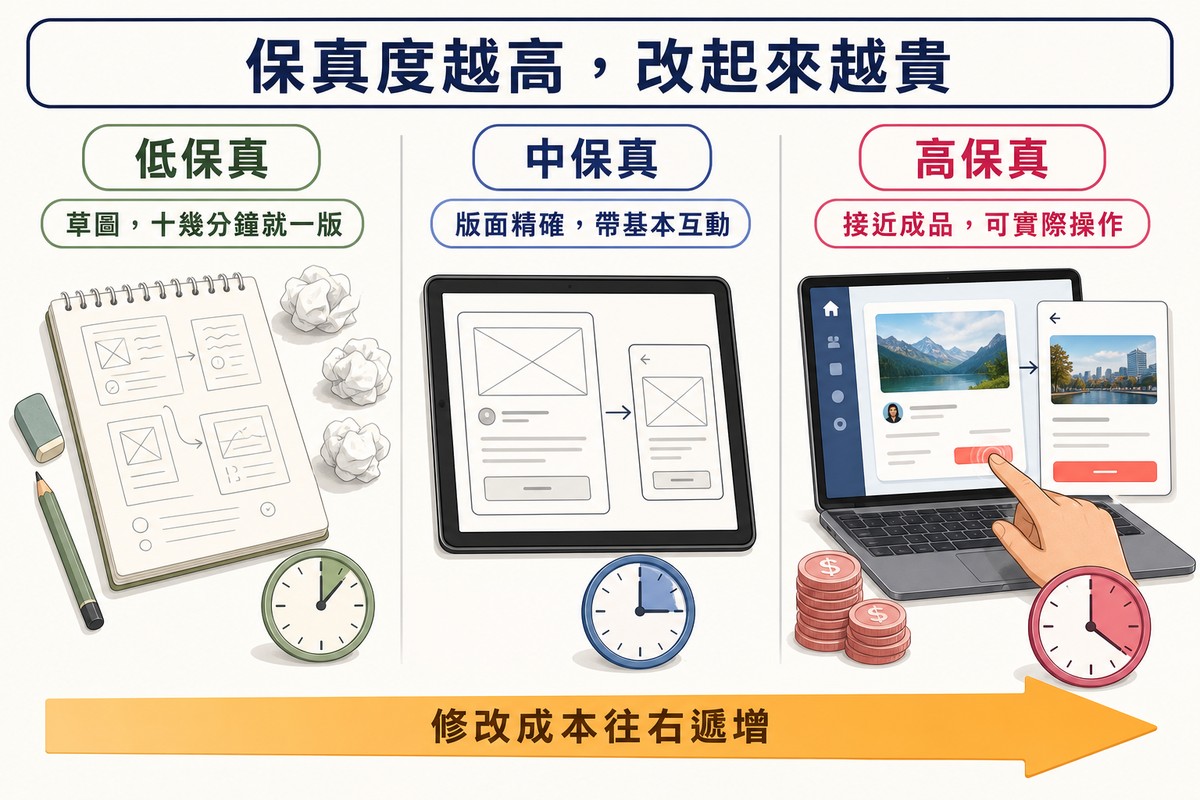 三欄插圖:低保真手繪草圖旁有橡皮擦與揉皺紙團、中保真平板上精確版面帶跳頁箭頭、高保真筆電上可互動彩色原型旁有硬幣堆,底下箭頭由細變粗
