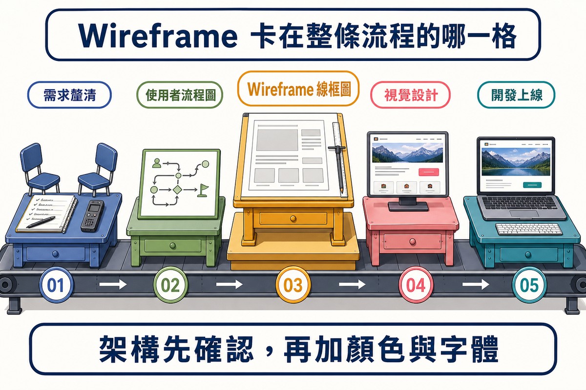 五站輸送帶插圖:需求釐清的訪談筆記、使用者流程圖、放大突顯的灰階線框稿製圖桌、上色後的視覺設計、筆電上的成品,依序編號01到05