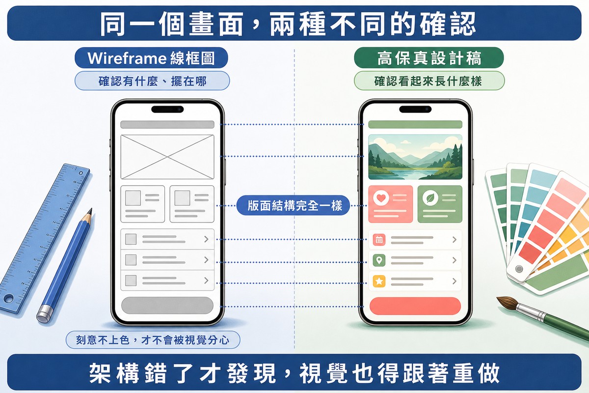 左右對照插圖:同一支手機同一個版面,左邊是灰白方塊與佔位線條的線框圖,右邊是上了顏色字體與照片的完稿,虛線連接對應區塊