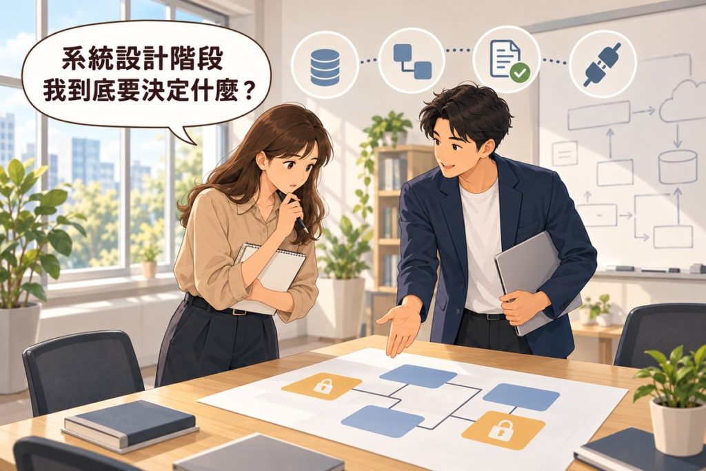 會議室裡工程顧問指著桌上一張由五個方塊連成的系統配置圖，其中兩塊標著小鎖，業主拿著筆記本思考，對話框寫著「系統設計階段，我到底要決定什麼？」