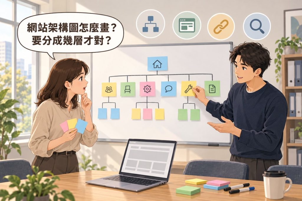 會議室的白板上貼著便利貼，排成一棵倒過來的樹；右邊的顧問伸手調整其中一張便利貼並比手勢說明，左邊的業主手上拿著三張還沒貼的便利貼、托著下巴發問，對話框寫著「網站架構圖怎麼畫？要分成幾層才對？」；桌上有一台筆電、幾疊便利貼和麥克筆