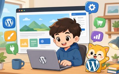 新手使用 WordPress 建立網站，畫面中有網站編輯介面、外掛、購物與數據分析等功能圖示，呈現 WordPress 架站與內容管理的使用情境。
