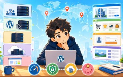 插畫呈現網站管理者比較 WordPress 主機類型，包含共享主機、WordPress 託管主機、VPS、雲端主機，以及不同網站類型的選擇情境。