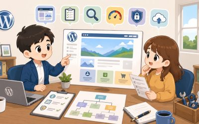 WordPress 網站設計顧問與企業主一起評估費用、流程、SEO、安全與維護規劃的卡通封面圖