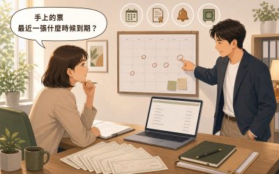 財務人員桌上攤著幾張票據並看著牆上圈了日期的月曆，同事在旁指著其中一個即將到來的日期