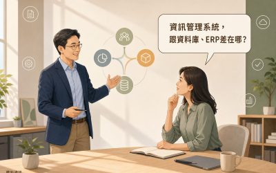 顧問向讀者說明資訊管理系統跟資料庫、ERP的差別，牆上有代表資訊流動的抽象圖示，讀者提問氣泡寫著資訊管理系統跟資料庫、ERP差在哪