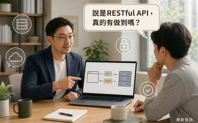 男子在辦公室指著筆電螢幕上的GET與POST請求流程圖，向對面的男子解說；聽者手托下巴若有所思，上方對話框寫著「說是RESTful API，真的有做到嗎？」