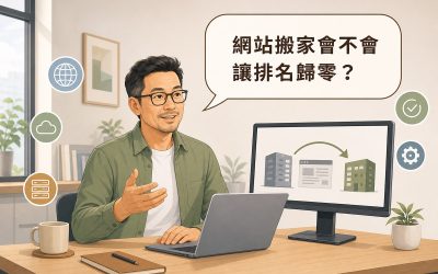 一位穿鼠尾草綠襯衫的男性顧問坐在書桌前使用筆電，螢幕顯示一棟灰色建築物透過箭頭轉移到綠色建築物的示意圖，上方有一個讀者提問對話框寫著「網站搬家會不會讓排名歸零？」，周圍點綴地球、雲端、勾選、齒輪、伺服器等白色描邊圖示