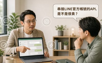 工程師指著筆電螢幕上的LINE對話框圖示向客戶說明API串接，畫面上方有讀者提問氣泡寫著串接LINE官方帳號的API是不是很貴，四周有訊息氣泡、齒輪、勾選、閃電四個白色描邊小圖示