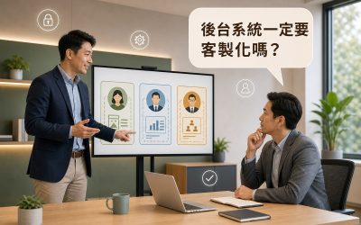 辦公室裡，男性顧問站在大螢幕旁指著畫面上三張色塊卡片，分別畫著內容編輯、業務、主管三種角色圖示，女性企業主坐在旁邊思考，上方對話框寫著後台系統一定要客製化嗎？