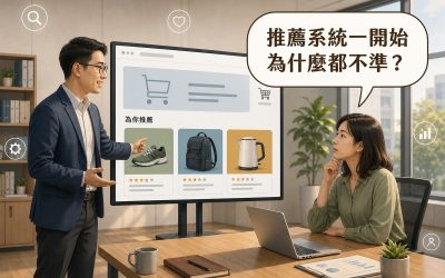 辦公室中，男性顧問站在大螢幕旁指著電商網站畫面上為你推薦的三個商品卡片，女性企業主坐在旁邊露出好奇又困惑的表情，上方對話框寫著推薦系統一開始為什麼都不準？