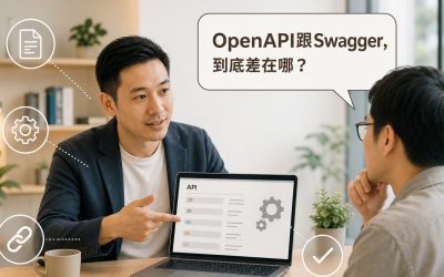 工程師指著筆電螢幕上的API文件清單向客戶說明OpenAPI規範，畫面上方有讀者提問氣泡寫著OpenAPI跟Swagger到底差在哪，四周有文件、齒輪、連結、勾選四個白色描邊小圖示