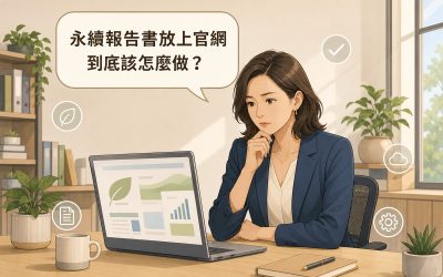一位女性專業人士坐在辦公桌前看著筆記型電腦，上方有對話氣泡寫著永續報告書放上官網到底該怎麼做，畫面周圍有葉子、勾選、文件、雲朵、齒輪等白色描邊圖示點綴