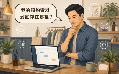 一位店主站在櫃檯後方，看著筆電上的預約行事曆畫面若有所思，上方有一個對話氣泡寫著「我的預約資料到底存在哪裡？」，背景是溫暖色調的店面，周圍點綴雲朵、行事曆、勾選、齒輪四個白色圓形小圖示