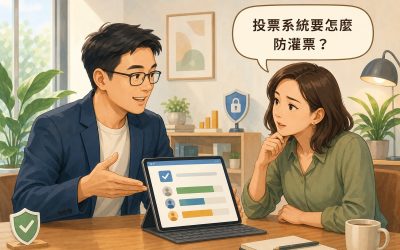 一位戴眼鏡的男性顧問與一位女性客戶在會議桌前討論平板上的投票系統畫面，女性提出投票系統要怎麼防灌票的疑問，桌面有盾牌打勾圖示與瞻新資訊標籤