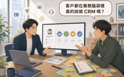 插畫：顧問指著螢幕上整齊的客戶資料卡與四階段流程，業主桌上散落大量便利貼與手寫客戶名冊，讀者提問氣泡寫著客戶都在業務腦袋裡真的該做CRM嗎
