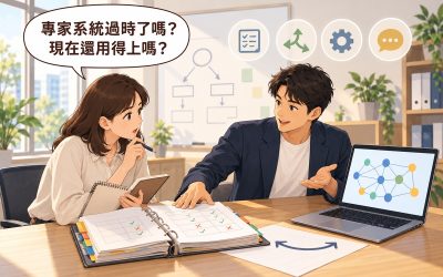會議室裡工程顧問指著桌上一本厚厚的規則手冊和一台筆電，業主拿著筆記本發問，對話框寫著「專家系統過時了嗎？現在還用得上嗎？」