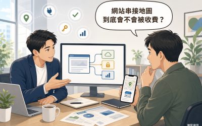 插畫：顧問指著螢幕上網站連到三個服務方塊的示意圖，業主手持顯示店家地圖的手機發問，讀者提問氣泡寫著網站串接地圖到底會不會被收費