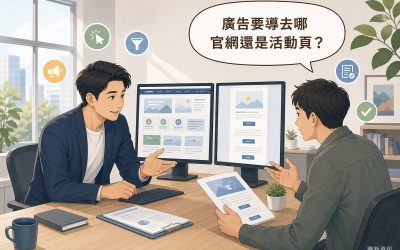 插畫：顧問在兩台螢幕之間講解，左螢幕是有導覽列的多區塊官網、右螢幕是沒有導覽列且按鈕重複出現的單頁，業主拿著印出的頁面發問，讀者提問氣泡寫著廣告要導去哪官網還是活動頁