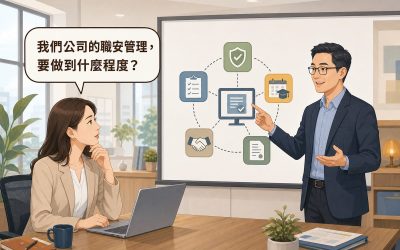 插畫：女性客戶坐在辦公桌前使用筆電，向站立的男性顧問提問「我們公司的職安管理，要做到什麼程度？」，顧問指向白板上五個代表危害辨識、安全、教育訓練、承攬管理、紀錄的圖示