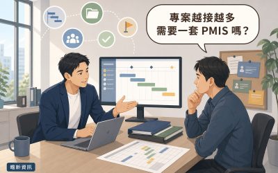 插畫：顧問指著螢幕上的專案時程甘特圖向業主說明，業主面前有多本專案資料夾與印出的排程表，讀者提問氣泡寫著專案越接越多需要一套PMIS嗎