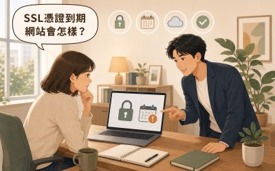 網站負責人看著筆電上的SSL憑證到期提示，同事在旁邊指著螢幕說明